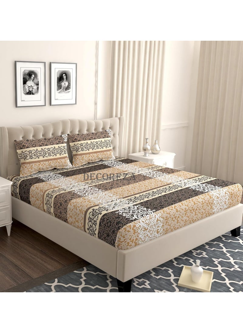 DECOREZA 60x78 Cotton Feel All Around Elastic Premium Fitted Bedsheets Elastic Fitted Bedsheets Queen Size Bedsheet for Double Bed with 2 Pillow Covers Size 60 x 78 x 8 Beige Damask