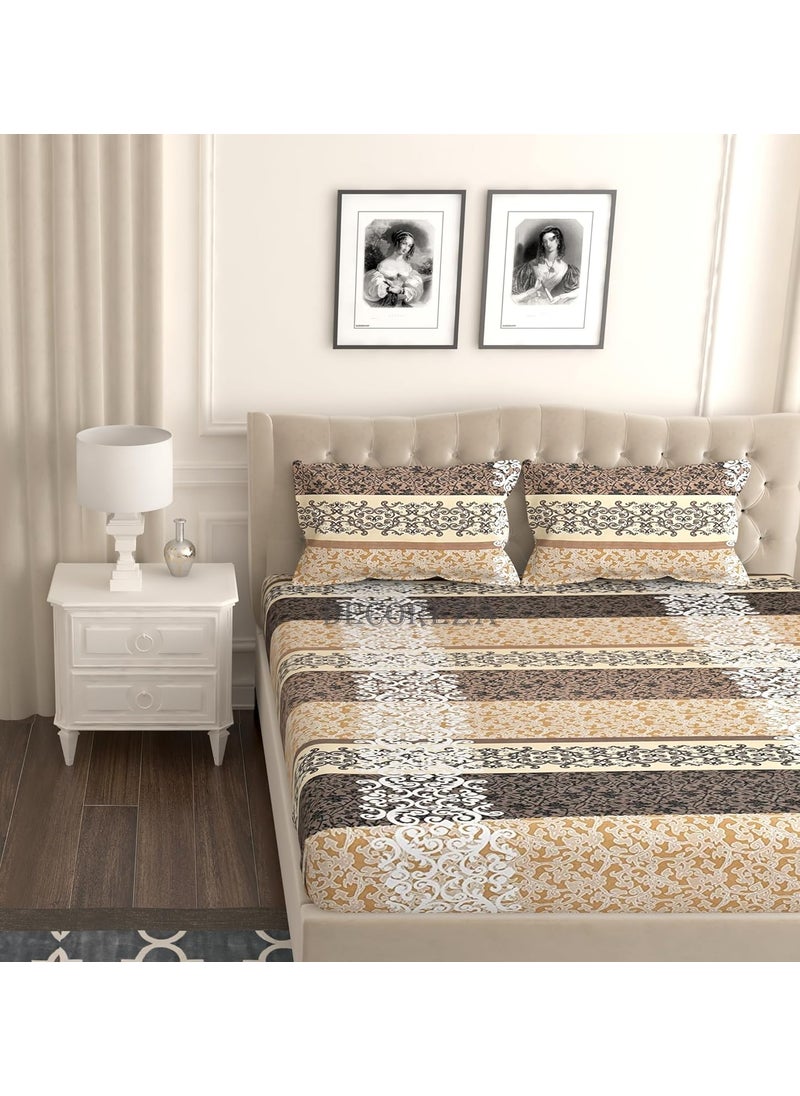 DECOREZA 60x78 Cotton Feel All Around Elastic Premium Fitted Bedsheets Elastic Fitted Bedsheets Queen Size Bedsheet for Double Bed with 2 Pillow Covers Size 60 x 78 x 8 Beige Damask