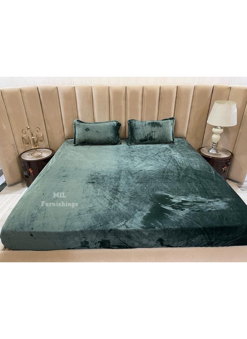 Subtlespreads Elastic Fitted Warm Bedsheets for Winter for Double Bed Winter bedsheets for King Size Bed with 2 Pillow Covers Size 72 x 78 Inches Solid Green Flannel 200tc
