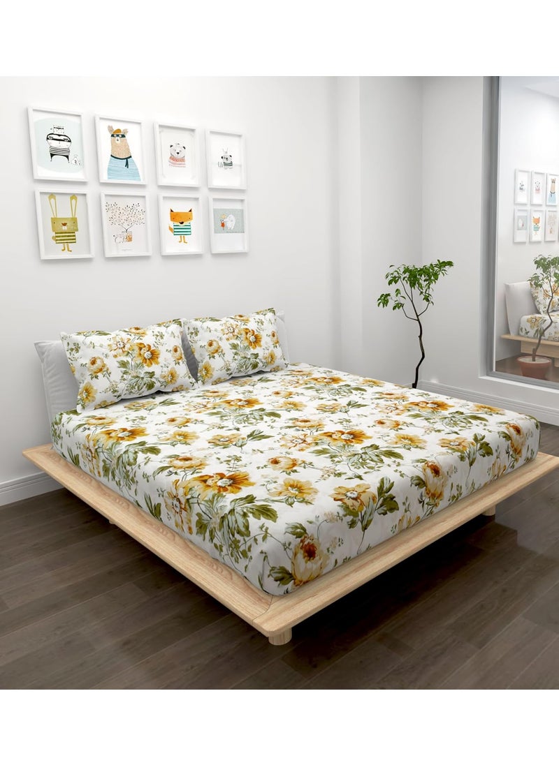 DECOREZA 240TC Premium Cotton Feel King Size Elastic Fitted Bedsheets with 2 Pillow Covers Elastic Bedsheet for Double Bed Supersoft Size 72 x 78 x 8 Red Flowers