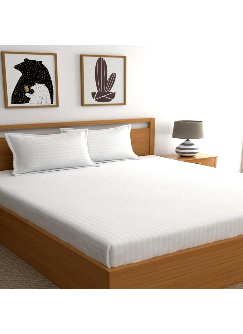 STARNSTYLE Microfiber Premium Elastic Fitted Striped Bedsheet with 2 Pillow Covers 78 x 72 King Size White