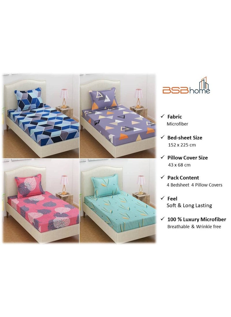 VAS COLLECTIONS Prime Collection Combo Pack of 4 Single Bedsheets with 4 Pillow Covers160 TC Soft Brushed Glace CottonBreathable Wrinkle Free 225x152 cm Multicolor Grey Blue Pink