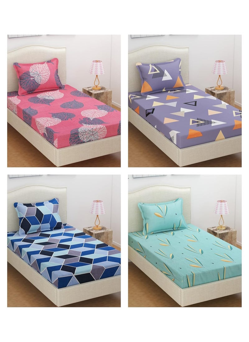 VAS COLLECTIONS Prime Collection Combo Pack of 4 Single Bedsheets with 4 Pillow Covers160 TC Soft Brushed Glace CottonBreathable Wrinkle Free 225x152 cm Multicolor Grey Blue Pink