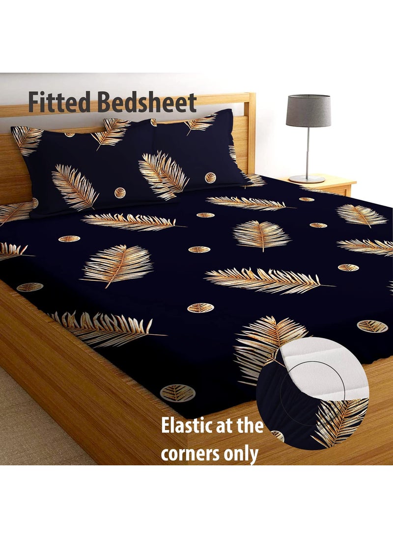 AEROHAVEN 180TC Glace Cotton Abstract Fitted Double Queen Bedsheet with 2 King Size Pillow Covers 72 x 78 GCB15 Navy Blue