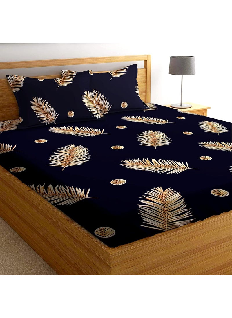 AEROHAVEN 180TC Glace Cotton Abstract Fitted Double Queen Bedsheet with 2 King Size Pillow Covers 72 x 78 GCB15 Navy Blue