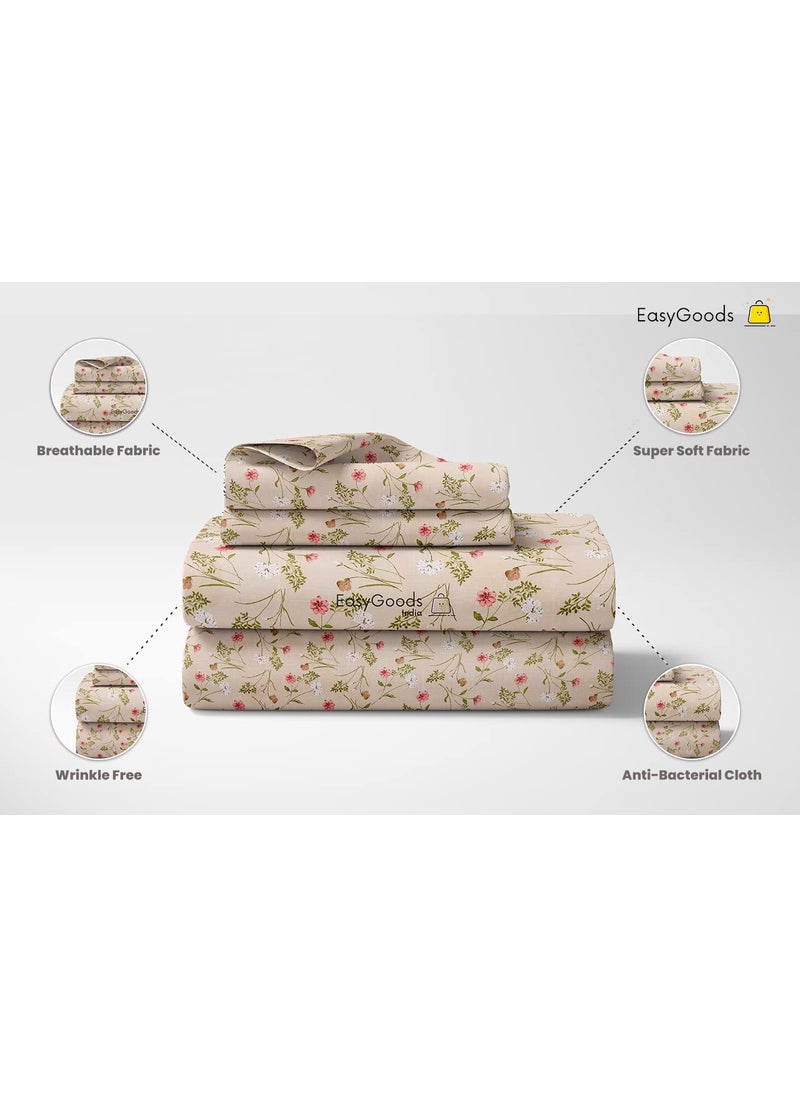 EasyGoods Super Soft Twilight Floral Bedsheet Bedsheet for Double Bed King Size Double Bedsheet with 2 Pillow Covers Premium Printed Flat Bed Sheet 106x107 inch Light Brown