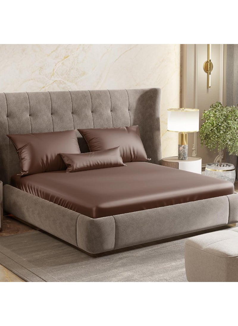 haus kinder Premium Satin Royale Mocha Velvet Bedsheets King Elastic Fitted Bedsheet with 2 Pillow Cover Set 300TC for SummersWinter Gift for Couples Romantic Dates Wedding