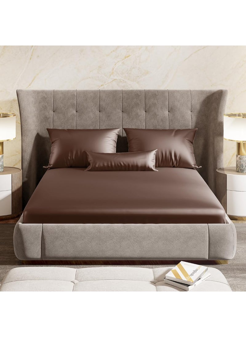 haus kinder Premium Satin Royale Mocha Velvet Bedsheets King Elastic Fitted Bedsheet with 2 Pillow Cover Set 300TC for SummersWinter Gift for Couples Romantic Dates Wedding