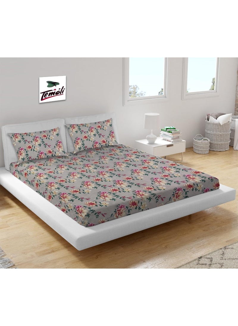 Temoli Glace Cotton Elastic Fitted bedsheets King Size Elastic bedsheets for Double Bed Double bedsheet with 2 Pillow Cover 72 x 78 x 8 Inches FlowerBeige