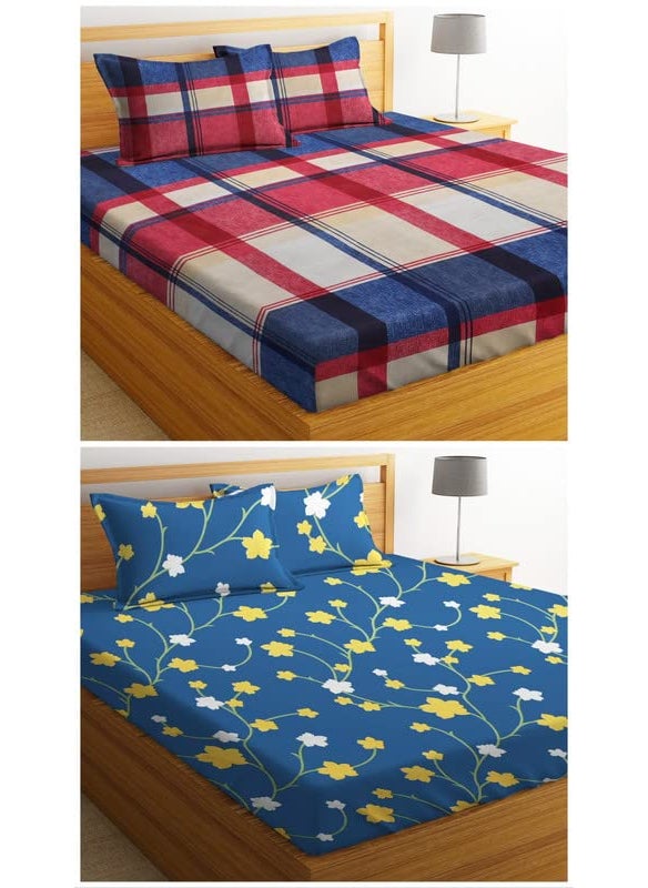 VAS COLLECTIONS Prime Collection Combo Pack of 2 Double Bedsheets with 4 Pillow Covers 144 TC Soft Brushed MicrofiberBlend Long Lasting Wrinkle Free75X7 Ft Set of 6 Pcs Yellow Red