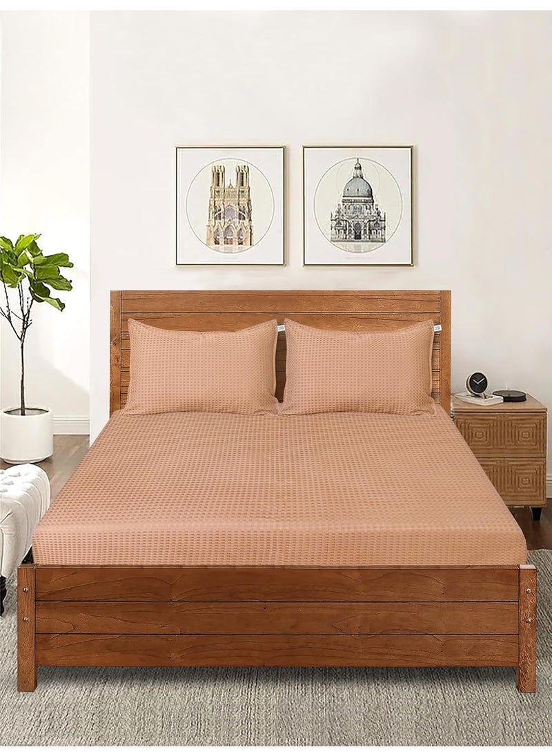 SARAL Home Soft Cotton Waffle Design Breathable Wrinkle Free Bedsheet for Double Bed 1 King Size Bedsheet with 2 Pillow Covers Beige100X108
