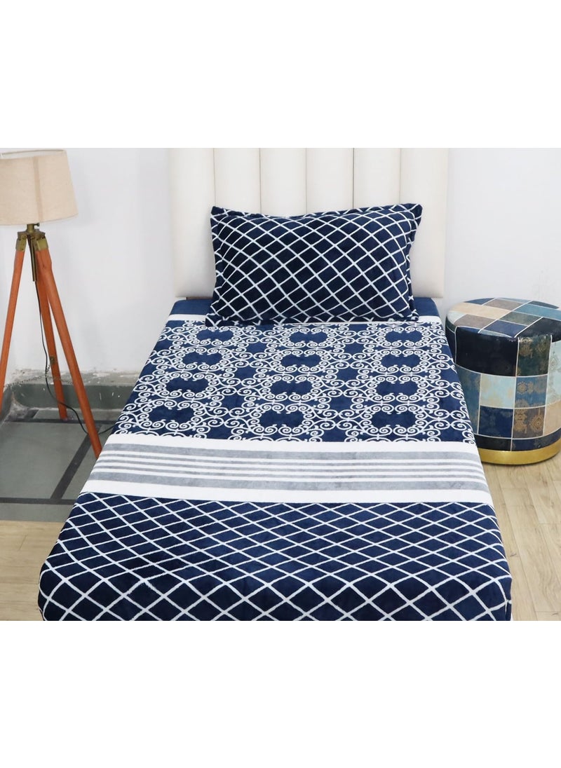 PRINDA Presents Luxurious FlannelWarm Single Elastic Fitted Bedsheet Fully Elasticized with 1 Pillow CoversBlue