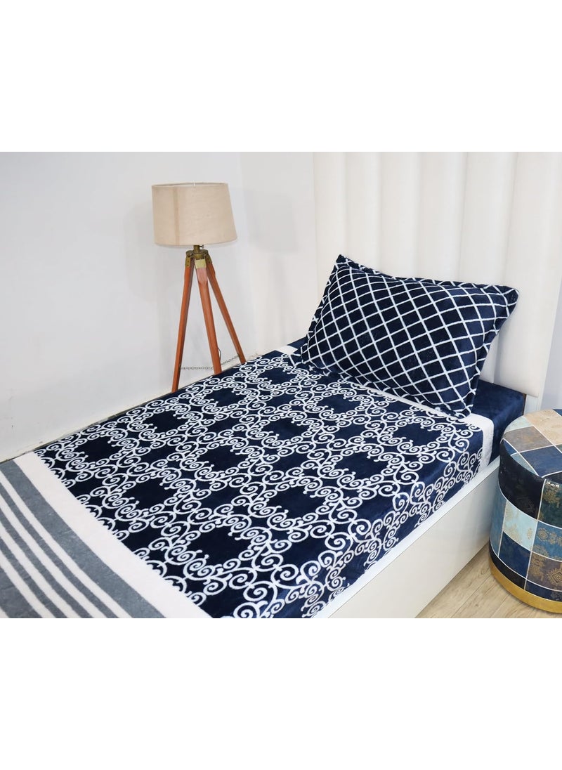 PRINDA Presents Luxurious FlannelWarm Single Elastic Fitted Bedsheet Fully Elasticized with 1 Pillow CoversBlue