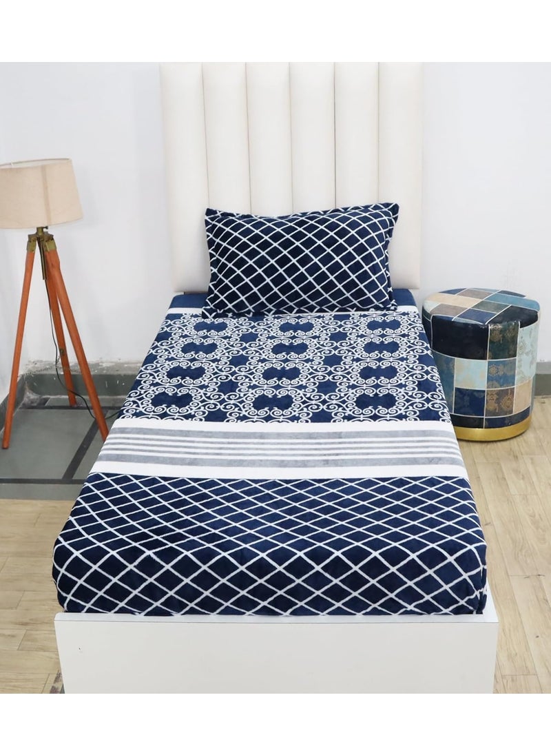 PRINDA Presents Luxurious FlannelWarm Single Elastic Fitted Bedsheet Fully Elasticized with 1 Pillow CoversBlue