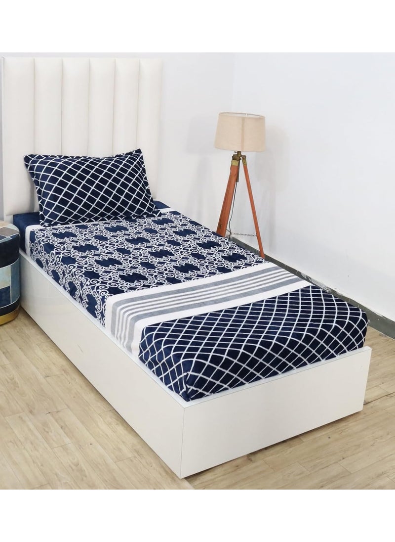 PRINDA Presents Luxurious FlannelWarm Single Elastic Fitted Bedsheet Fully Elasticized with 1 Pillow CoversBlue