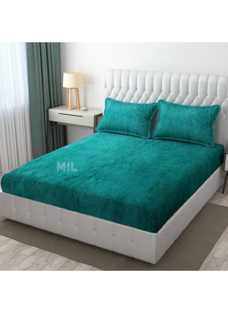 Subtlespreads Premium Solid Flannel Velvet Warm Elastic Fitted Bedsheets King Size with 2 Pillow Covers 72 x 78 Bedsheets for Double Bed Winter Season Teal
