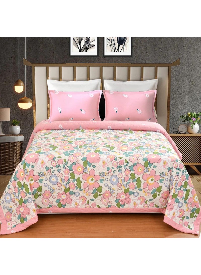DECOMIZER Ultrasonic 280 TC Quilted Bedsheet King Size Double Bed 100 Cotton All Season Flat Bed Sheet with 2 Pillow Covers Supersoft Bedding Bedcover Set
