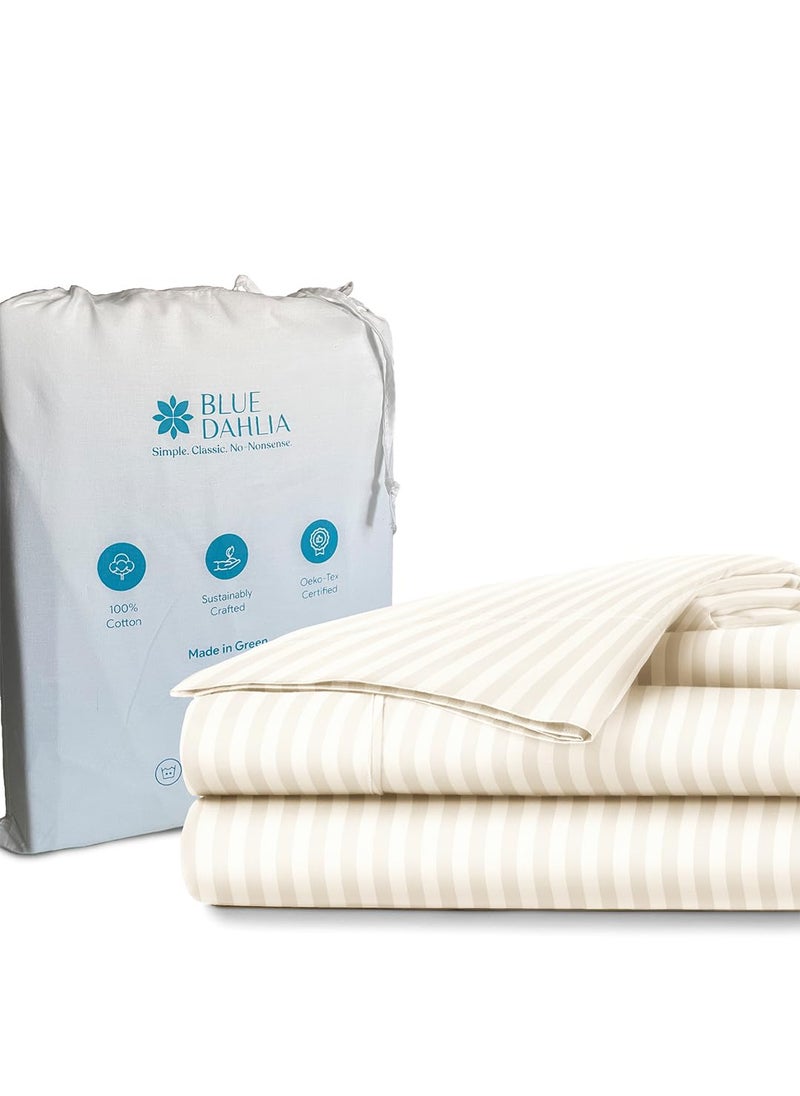 Blue Dahlia 100 Cotton Fitted Bedsheet for Double Bed 300TC Premium Sateen Weave Elastic Fit Sheet Set Queen Size Up to 12 Deep Pocket 1 Fitted Sheet60x80 2 Pillow Covers18x28 Cream