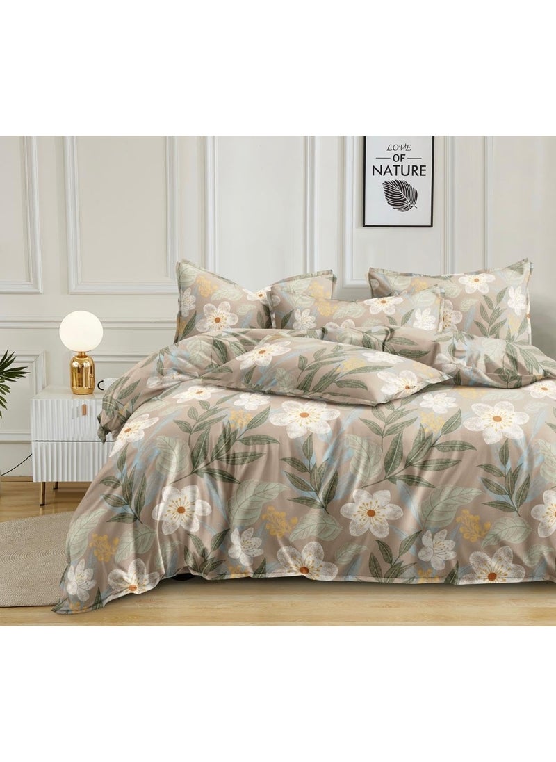 Subtlespreads Premium Glace Cotton Elastic Fitted bedsheets King Size Double Bed with 2 Pillow Covers Dust Brown Floral Double Fitted Bedsheet