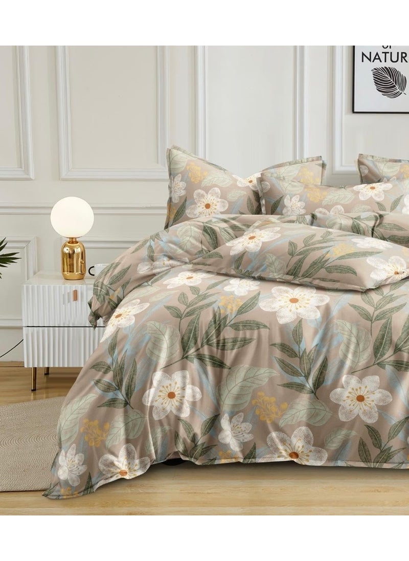 Subtlespreads Premium Glace Cotton Elastic Fitted bedsheets King Size Double Bed with 2 Pillow Covers Dust Brown Floral Double Fitted Bedsheet