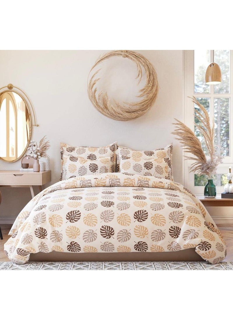 Subtlespreads Premium Cotton Feel Summer Cool Elastic Fitted Bedsheets with 2 Pillow Covers Bedsheets for Double Bed with Elastic Fitting Queen Fitted Ivory Leaves
