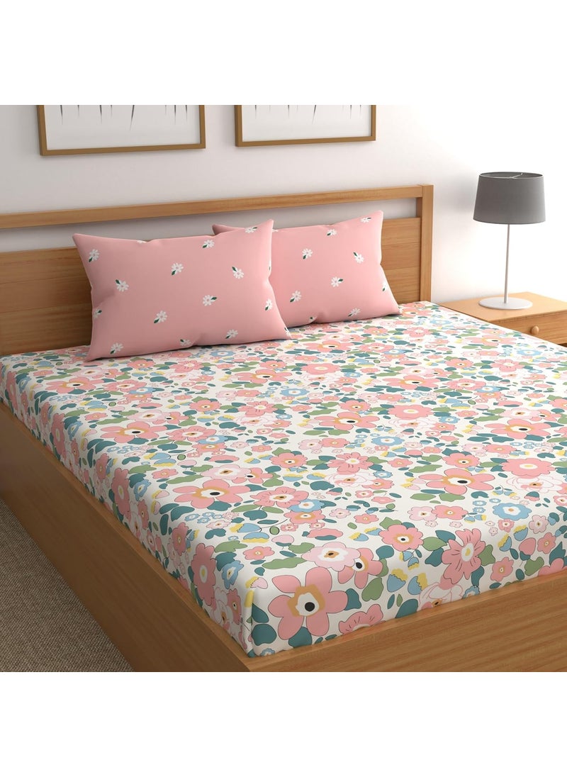 DREAMLET Prime Collections 160TC Pure Cotton Breathable Supersoft Wrinkelfree Double Flat Bedsheet with 2 Pillow Covers Pink Flat