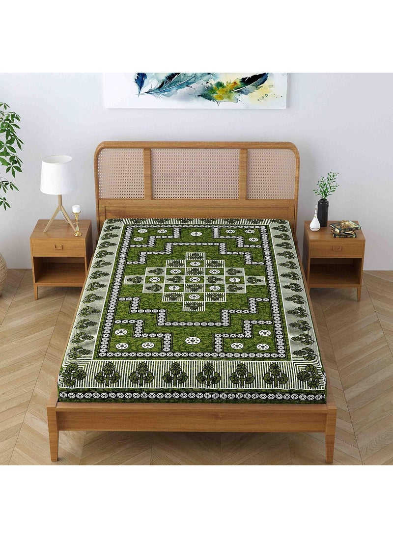 SheetKart Blossoms 100 Pure Cotton Jaipuri Printed Bedsheet for Single Bed Traditional Ethnic Bed Cover Pea Green
