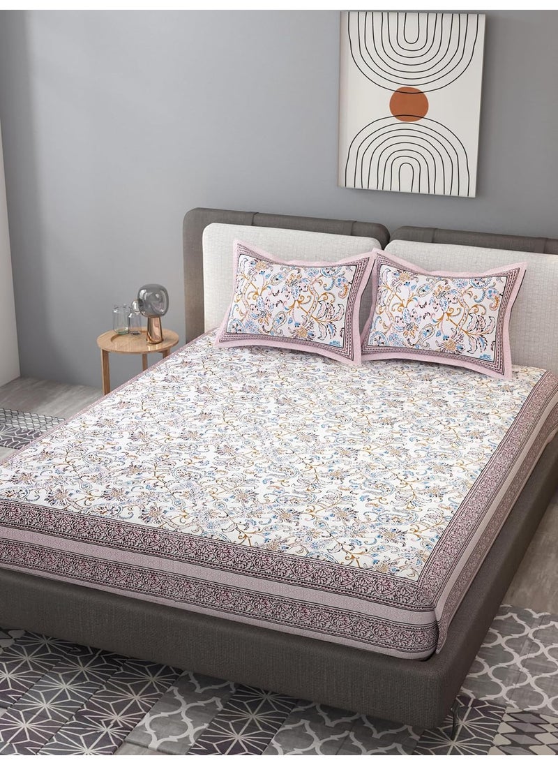 EasyGoods 240 TC Pure Cotton Bedsheet for Double Bed King Queen Size Bed Jaipuri Rajasthani Design with 2 Pillow Covers Extra Soft Wrinkle Free 90 x 103 inches Pink Monarch05