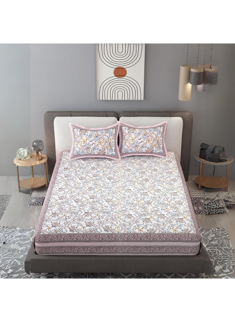 EasyGoods 240 TC Pure Cotton Bedsheet for Double Bed King Queen Size Bed Jaipuri Rajasthani Design with 2 Pillow Covers Extra Soft Wrinkle Free 90 x 103 inches Pink Monarch05