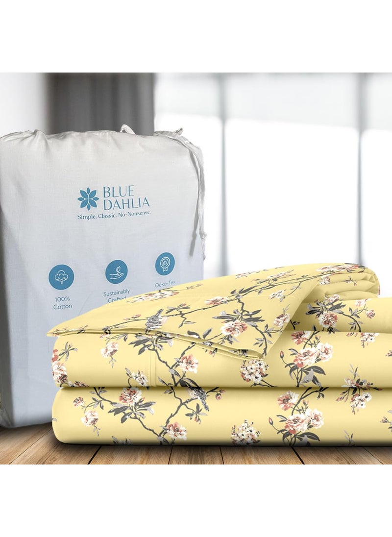 Blue Dahlia Printed Cotton Flat Sheet Set for DoubleKing Size Bed Sheet for Double Bed1 Flat Sheet 108x108 2 Pillow Cover 18x28 Oeko TEX Certified Premium Soft BedsheetsMustard Yellow