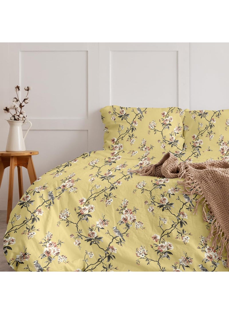 Blue Dahlia Printed Cotton Flat Sheet Set for DoubleKing Size Bed Sheet for Double Bed1 Flat Sheet 108x108 2 Pillow Cover 18x28 Oeko TEX Certified Premium Soft BedsheetsMustard Yellow