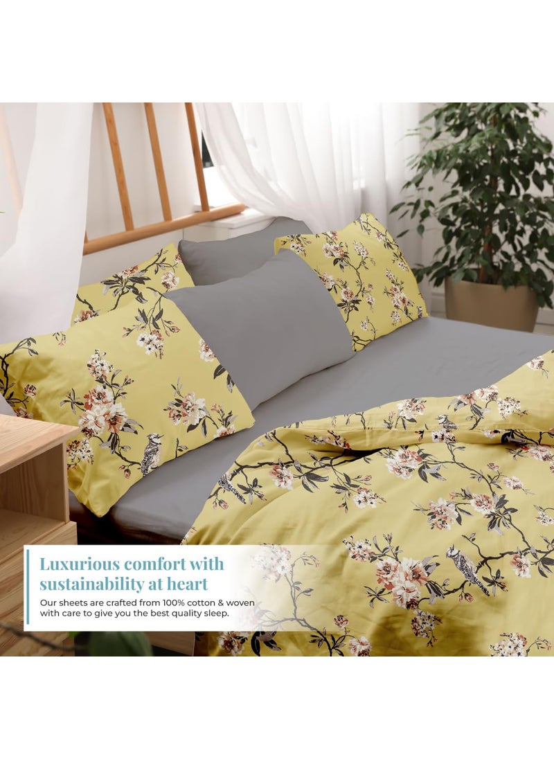 Blue Dahlia Printed Cotton Flat Sheet Set for DoubleKing Size Bed Sheet for Double Bed1 Flat Sheet 108x108 2 Pillow Cover 18x28 Oeko TEX Certified Premium Soft BedsheetsMustard Yellow