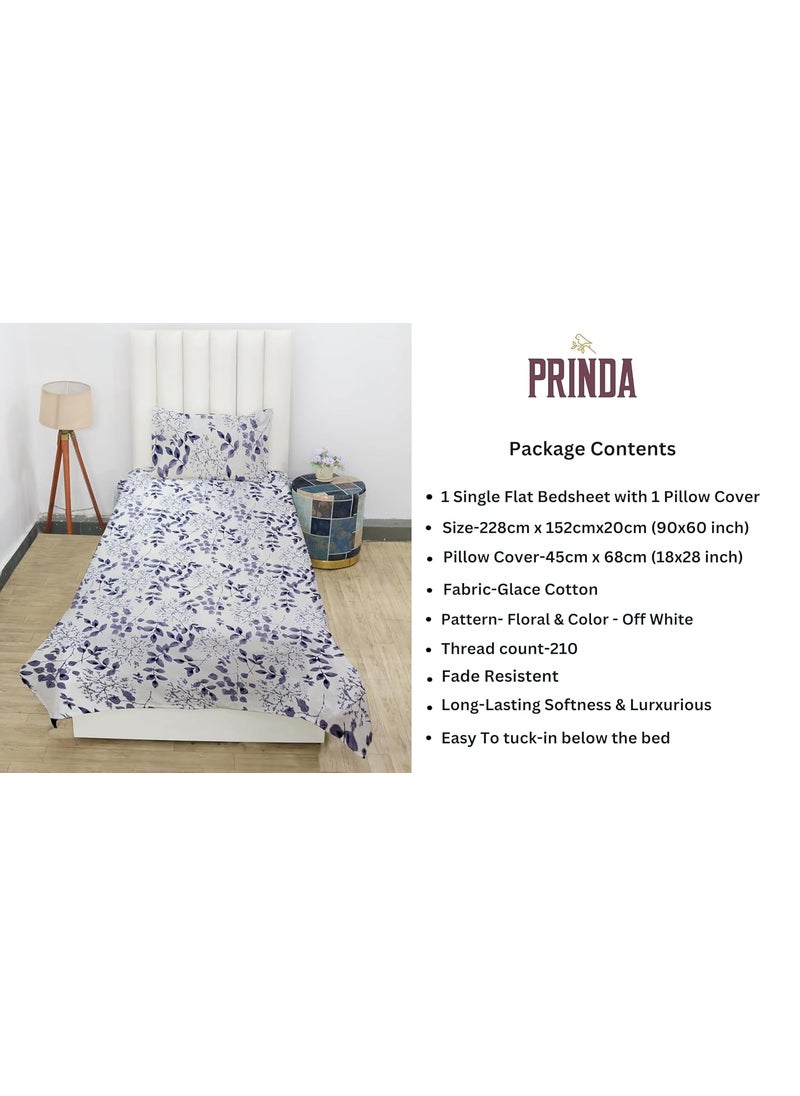 PRINDA Presents Luxurious Glace Cotton 210 TC Single Size90X60 Inch Flat Single Bedsheet with 1 Pillow Covers Colour Off White