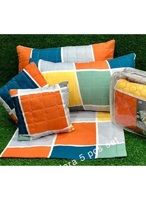MORADO Premium Glace Cotton 160 TC Double Bed King Size Bedsheet with 2 Quilted Pillow Covers and 2 Quilted Filled Cushions 90X100 Inch Set of 5 Pieces Multi Colors