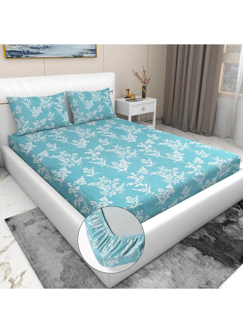 PRINDA Presents Luxurious Glace Cotton 210 TC King Size78X72X8 Inch Elastic Fitted Double Bedsheet Fully Elasticized with 2 Pillow Covers Colour Firoji White Leaf