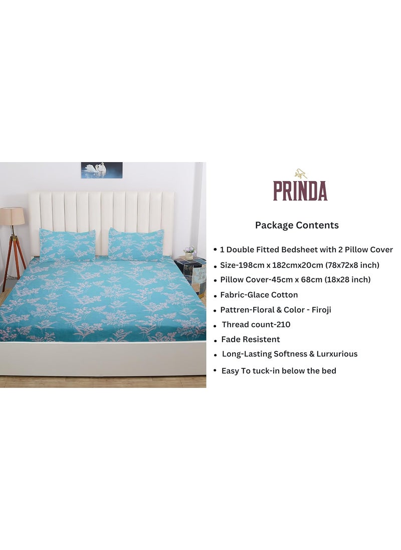 PRINDA Presents Luxurious Glace Cotton 210 TC King Size78X72X8 Inch Elastic Fitted Double Bedsheet Fully Elasticized with 2 Pillow Covers Colour Firoji White Leaf