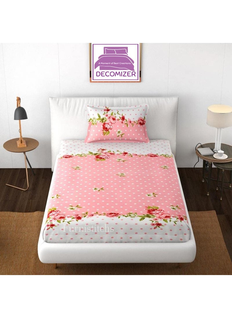 DECOMIZER Cotton Feel All Around Elastic Fitted Glace Printed Single Bed Bedsheet with 1 Large Pillow Cover Fits Upto Mattress of 6 InchesSize 42 x 75 x 8 Inches Design Pink Center Flower