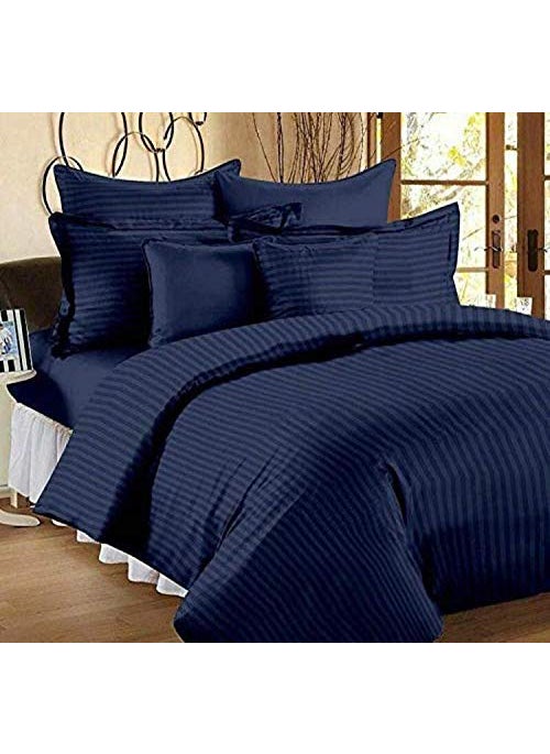 YKC Glace Cotton Satin Striped Plain Color King Size Bedsheet for Double Bed with Two Pillow Covers Navy Blue 90 x 100 Inch