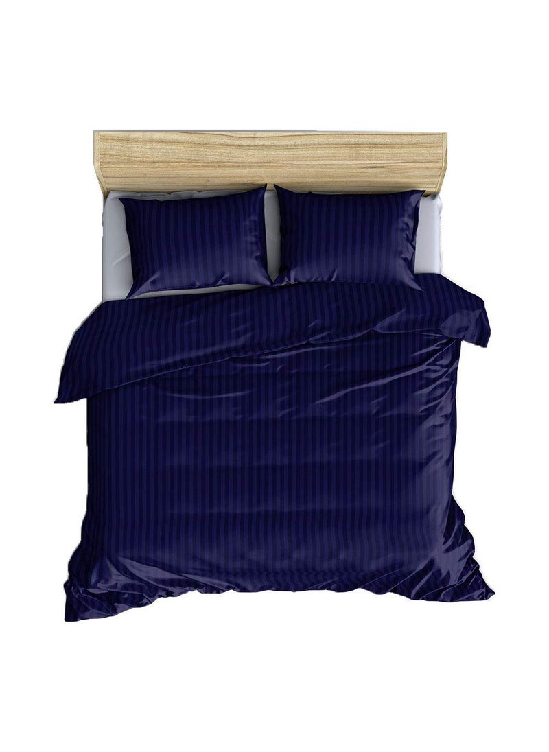 YKC Glace Cotton Satin Striped Plain Color King Size Bedsheet for Double Bed with Two Pillow Covers Navy Blue 90 x 100 Inch