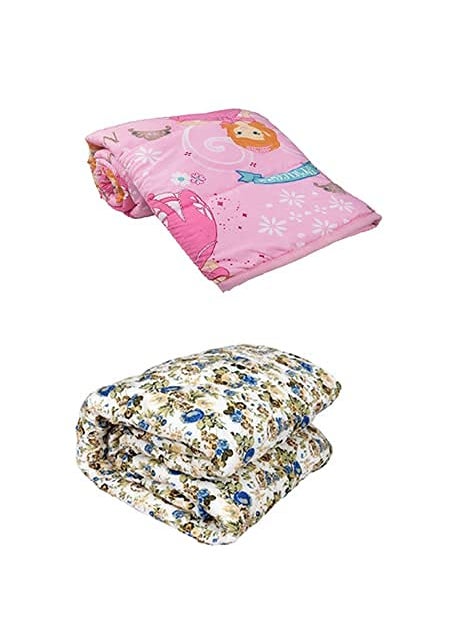 WONDERLOOK Doremon Gang Cartoon Kids Design Print Microfiber Single Bed Reversible AC Blanket Dohar Quilt Comforter Duvet Set of 2 Pcs Magic Princess Blue Flower Print