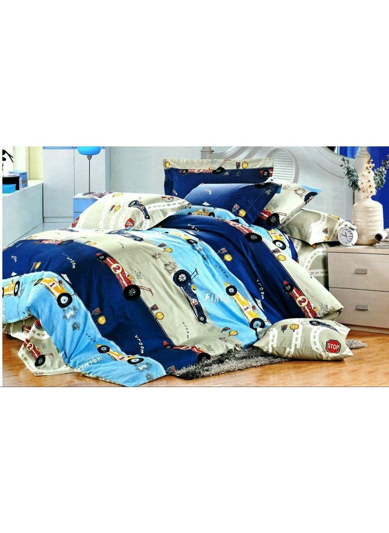 Harbell Home 200 GSM 400 TC Kids Glace Cotton Reversible Cartoon Printed Double Bed King Size Comforter with Matching Bedsheet 90100 with 2 Pillow Covers Set of 4 Pieces Racing Car