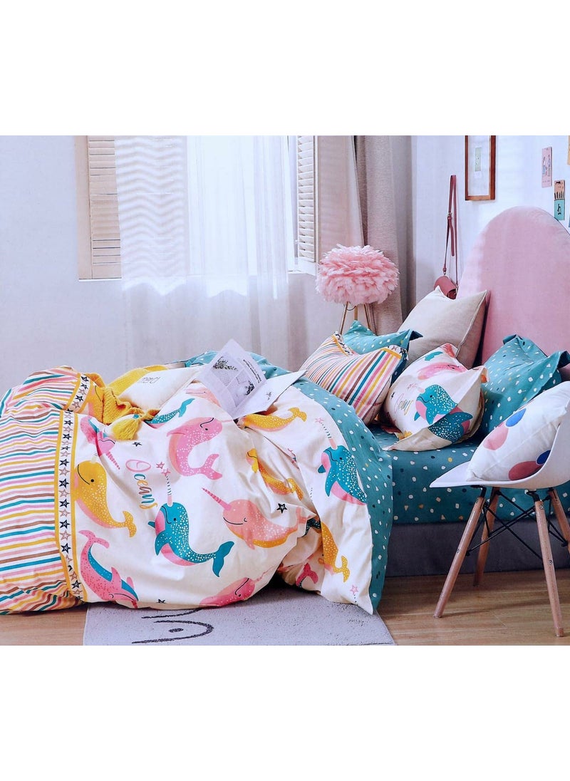 PRISCILLA 200 GSM 400 TC Kids Glace Cotton Reversible Cartoon Printed Double Bed King Size Comforter with Matching Bedsheet 90 100 with 2 Pillow Covers Set of 4 Pieces Design 6
