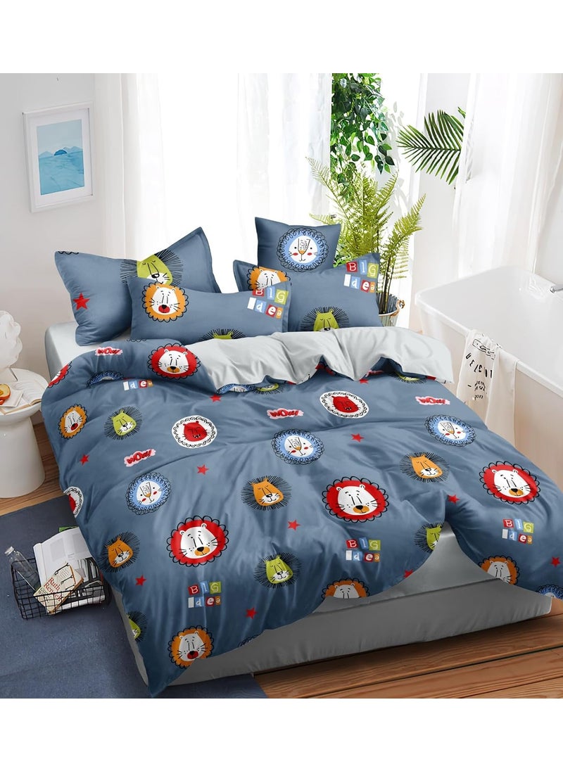 Furnistitchs Super Soft Kids Double Bed Comforter Duvet Set with 1 Flat Bedsheet and 2 Pillow Covers AC Comforters Sets Cartoon Prints Grey Lion