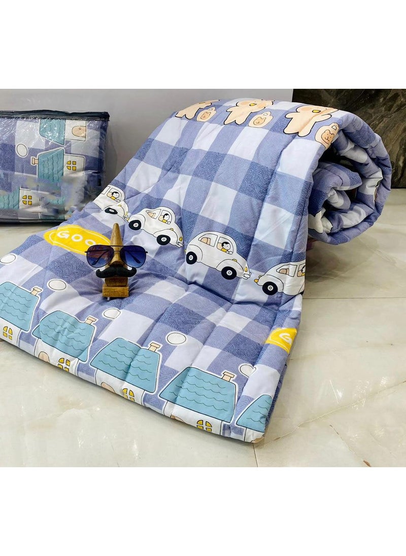 DKB ENTERPRISES Reversible Cartoon Print Kids Comforter for Single Bed Glace Cotton Fabric with Fiber Filling Pack 1 Size 60X90 Kids QuiltBlanketDuvet Color Multi Goo Cars