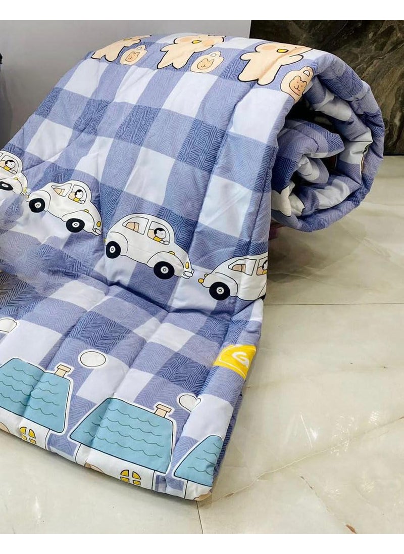 DKB ENTERPRISES Reversible Cartoon Print Kids Comforter for Single Bed Glace Cotton Fabric with Fiber Filling Pack 1 Size 60X90 Kids QuiltBlanketDuvet Color Multi Goo Cars
