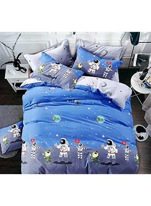 Kitch Deco Glace Cotton Nursery Print Single Bed Reversible Kids Comforter Set1 Single Bed Comforter1 Single Bedsheet and 1 Pillow Cover180 TC Astronauts