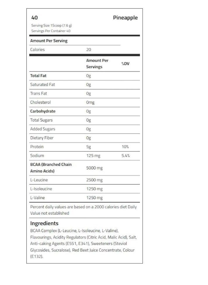 BCAA, Quick Recovery and Enhance muscle protein synthesis, Pineapple Flavor, 40 Servings-304 gm