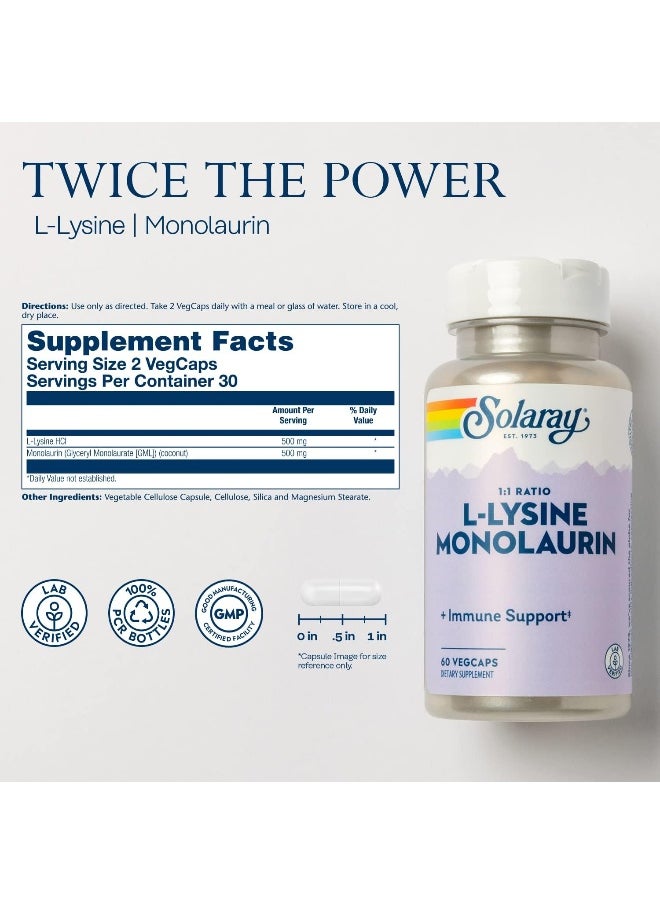 L-Lysine Monolaurin 1:1 Ratio Nutritional Supplement - 60 Vegetarian Capsules