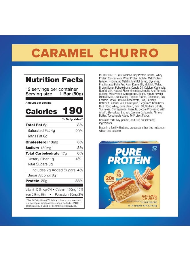 Bars, Caramel Churro, High Protein, Low Sugar, Gluten Free, Nutritious Snack, 1.76Oz, Pack Of 12