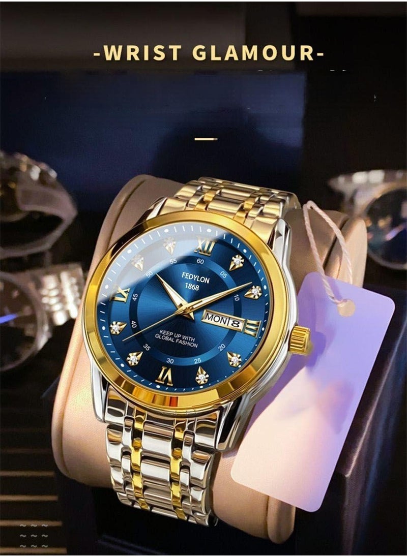 FEDYLON Men’s Two-Tone Business Quartz Watch – Blue Dial, Dual Calendar, Luminous Hands, 30M Waterproof, Roman Numerals, Stainless Steel Look Wristwatch